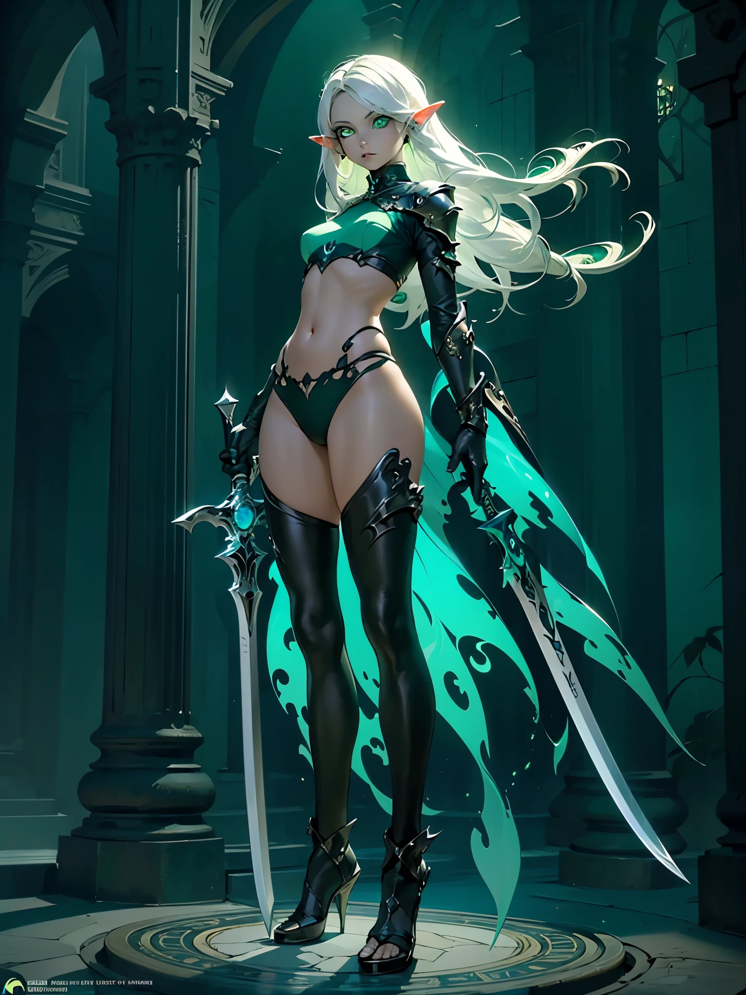(((Masterpiece, best quality, high detailed, 8k))) Design a layout showcase Gaming character, (1girl). Long silver hair, green eyes, wearing a long flowing jade dress with high side slit, showing midriff, wielding a massive greatsword, sexy. (masterpiece:1.2), (best quality), ultra-detailed. (Step by step design, layout art:1.5), (luminous lighting, atmospheric lighting). Elf royalty. ((glove full hands)), intricate vambraces, thigh highs, thick thighs, (((full_body_shot:1.4))). The elf stands gracefully amidst dark, dense, ancient, towering trees, their leaves shimmering with a magical glow. The bikini armor, a blend of sleek metal and glowing energy lines, contrasts beautifully with the natural surroundings. Her long silver hair flows softly around her, framing her elegant face with piercing green eyes that radiate wisdom and strength. Massive greatsword she holds is pulsing with an ethereal green light.(hoang lap,A high resolution,hyper detailled),Black Soul theme, leather,Off-white,ranger,Background of details,Northern Valley,Irithyll,Cold moon,Rule of thirds,boundage,Diablo 4 style,intricate-detail,Diablo color theme,(offcial art,Beauty and aesthetics:1.2),(Dark art,erode, fractal art:1.3),rich colourful,horryfing,highest details, (green eyes: 2), white hair with blue tips, blue colored inner hair, long hair, solo, 1girl, slim, small breasts, green flames