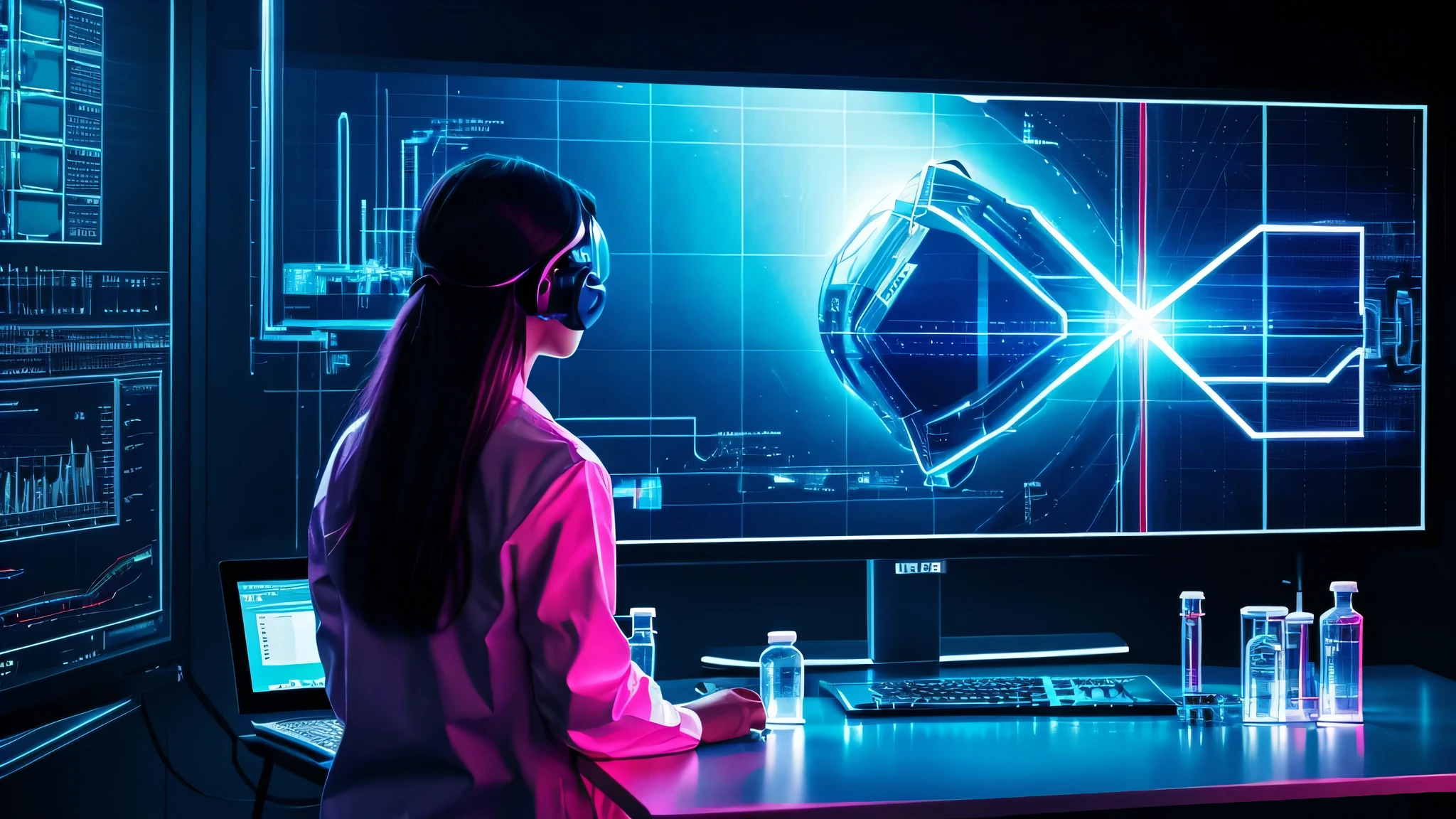 scientist in lab, back to camera, viewing a large holographic monitor, cyber punk,