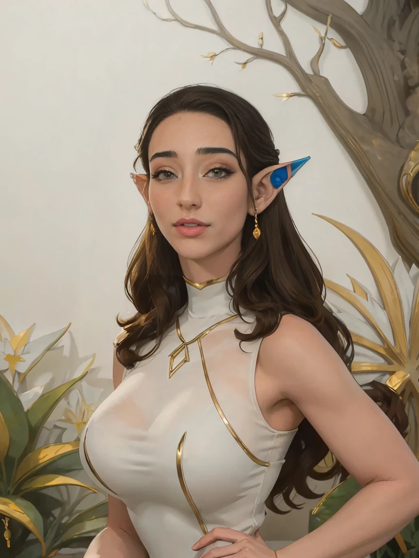 Extremely busty thin and toned brunette elf maiden, elegant woman, fair skin, loose updo, soft face, elf ears, athletic, (gigantic breasts), see-through white dress, high-neck, sleeveless, jewelry, bangles, gold accessories. detailed background, elvish garden, pavilion, elf city.