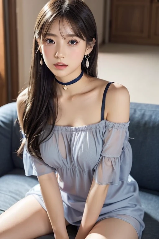 1 girl、17 year old female、cute、Gray-haired、clothing（Light blue all-see-through off-the-shoulder dress、Casual enough to show your underwear） And a very slim figure,,,,,、Very thin leganicules、Earrings、Pink Lip、choker、Real、Sexual、Highest quality、Detailed face、Detailed Background、Depth of written boundary、whole body viewing angle、Get on your knees and sit on the couch、Sexual、alone、night,Highest quality、High resolution、超High resolution（Real：1.4）Detailed eyes、Gradation、Perfect anatomical figure、Woman with perfect body、Highly detailed skin、非常にDetailed face、Beautiful eyes in every detail、Background Blur