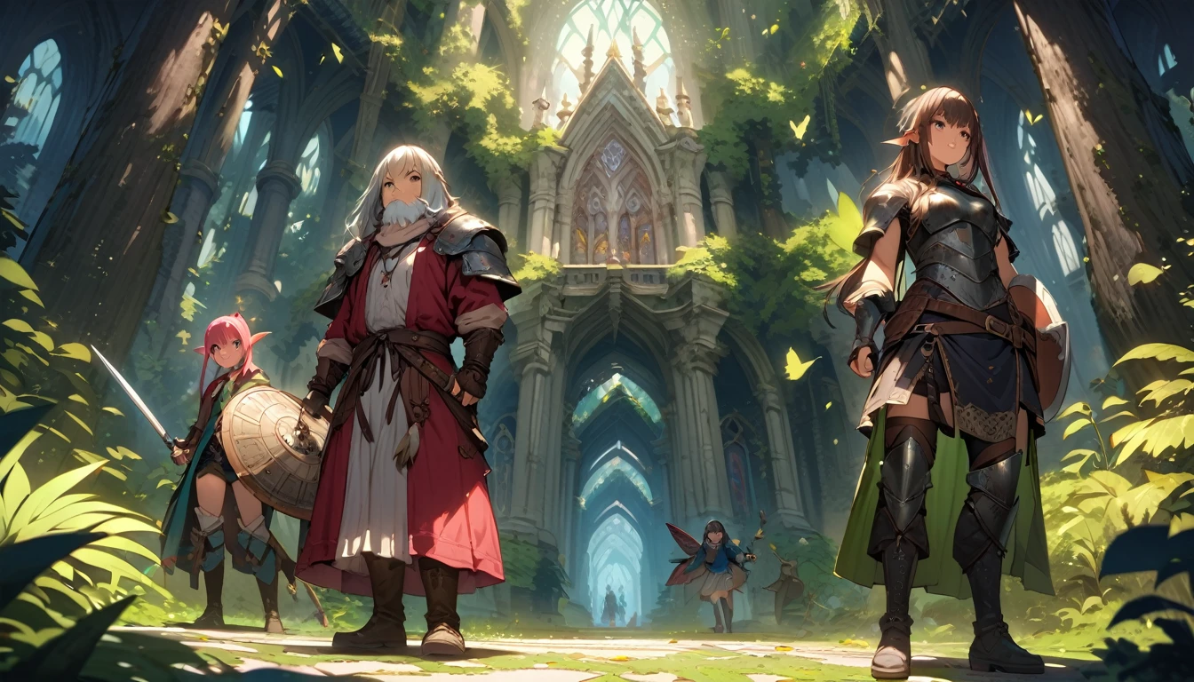 (masterpiece:1.4), (Highest quality:1.4), Very detailed, Complex, Very detailed, shape,Soft lighting,a group of adventurers, character from RPG games, (character: human, Fairy, Fairy, Dwarf, The Hobbit), (exterior: Swordsman Style, Shaman Style, Monk Style, Magician style), (averi: Long sword, dagger, Holy Staff, Magic wand, shield, metal armor, Leather Armor), Perfectly accurate anatomical shape、All limbs intact、Perfect full finger, Colorful characters, It depicts an ancient elven library in the middle of the forest.., A library full of old parchments、In a room full of leaves and shades of green, 大きくてMajestic, A palace library in the middle of the forest. big, Majestic, Uplifting expressions,