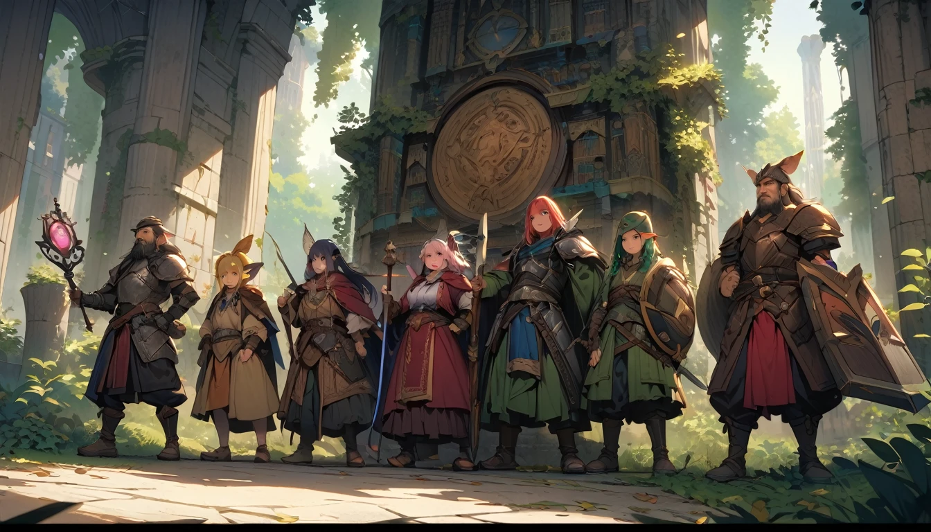 (masterpiece:1.4), (Highest quality:1.4), Very detailed, Complex, Very detailed, shape,Soft lighting,a group of adventurers, character from RPG games, (character: human, Fairy, Fairy, Dwarf, The Hobbit), (exterior: Swordsman Style, Shaman Style, Monk Style, Magician style), (averi: Long sword, dagger, Holy Staff, Magic wand, shield, metal armor, Leather Armor), Perfectly accurate anatomical shape、All limbs intact、Perfect full finger, Colorful characters, It depicts an ancient elven library in the middle of the forest.., A library full of old parchments、In a room full of leaves and shades of green, 大きくてMajestic, A palace library in the middle of the forest. big, Majestic, Uplifting expressions, 
