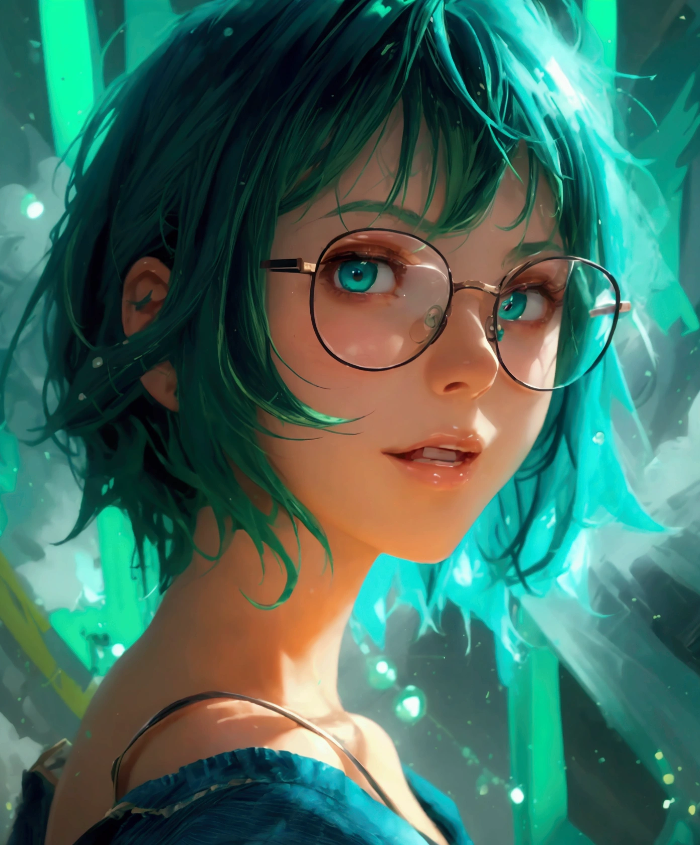 Masterpiece, best quality, 1girl, solo, 23 years old, adult, teal and green hair, messy hair, asymmetrical hair, ahoge, very short hair, aqua eyes, medium breasts, toned, 167cm, pale skin, glasses, grin, olive green shirt, jeans, midriff peek,