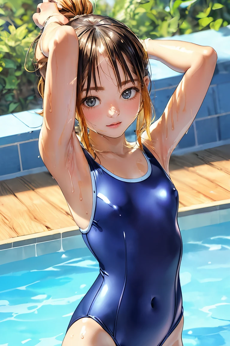 (8kHigh resolution), (Highest quality), (RAW quality ),(Cowboy Shot:1.2), (Realistic), (Realistic:1.37), Big eyes,Long eyelashes,Browsing Caution, Solo Girl, (真夏のPoolside:1.5),(Poolsideに立つ:1.5),(Poolsideに立つ女性:1.5),(14 year old female:1.3),(Old Japanese navy blue school swimsuit:1.5), (One Piece Old School Swimsuit:1.5), (One Piece High Cut Swimsuit:1.5),Cute Face, Delicate and beautiful features ,Well-proportioned face, blush, Troubled face, Slender body, Sweaty body, Small breasts, Protruding nipples , Very detailed, (masterpiece:1.5), (Highest quality:1.2), 8k, High resolution, High resolution, Professional photos, Exquisite detail, Sharp focus, Exquisitely crafted, Award-winning photography, Small catchlight, Beautiful lighting, Facial Symmetry, key ring, whole body, Poolside, Looking at the audience, Pussy juice, Students see,(Small breasts:1.5),(Skinny girl:1.5),(Baby Face:1.5)Hildish face:1.5),(blushする:1.2)Hill Dish Body:1.3),(Oily and shiny skin:1.5),( junior high school student:1.3),(Sunburned, Sunburn:1.4), (Please show me your armpits:1.3),(whole bodyが濡れている:1.3),(Showing wet armpits:1.3),