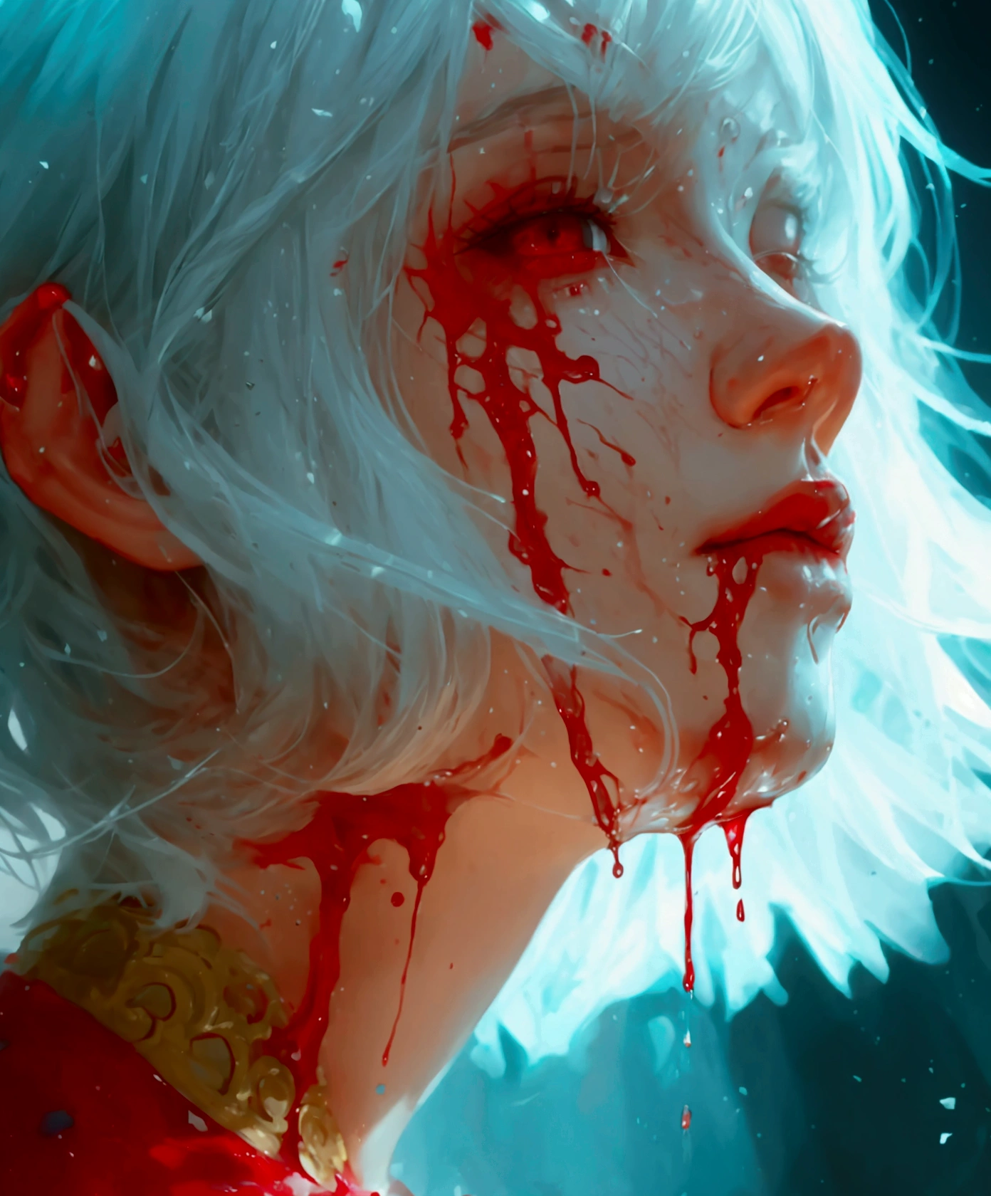 a woman with white hair and blood on her face, by Lise Deharme, pale woman covered with blood, inspired by Lise Deharme, art, by Charlie Bowater, blin Ross Tran, bloody tears, by Gottfried Helnwein, by Bastien L. Deharme, blind eyesociety 9