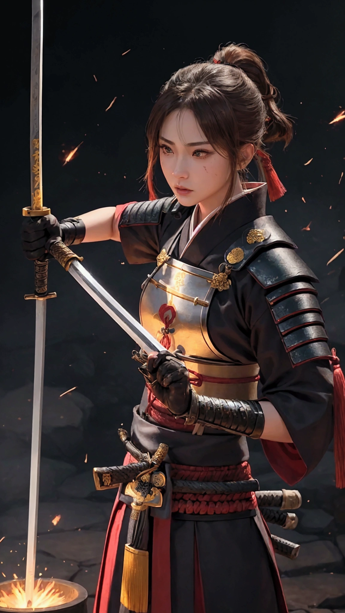 Highest quality、High resolution、Very detailed、Detailed Background、A beautiful 27-year-old woman、Warrior、dragon tattoo on arm、Japanese sword(Masamune Meiji)、(Blade length: 2 feet 4 inches、Handle length: 25 cm、This part is woven with red and black threads....、The swallow is golden)、Japanese sword、Sharp eyes、(enemy'Blood is flowing to my cheeks)(Takeda Shingen)、blonde、short hair、Realistic Face、Swing your sword down、Delicate eyes、Angry expression、Like a fight scene in a live-action movie、More realistic battle scenes、On the cheeks、enemyWarriorの返り血、(Burning castle in the background、Sparks fly、)(Japanese sword(The famous sword Muramasa 2.0)Hold with both hands、Sword Drawing Technique(Japanese sword、Muramasa Sword)、Warrior、