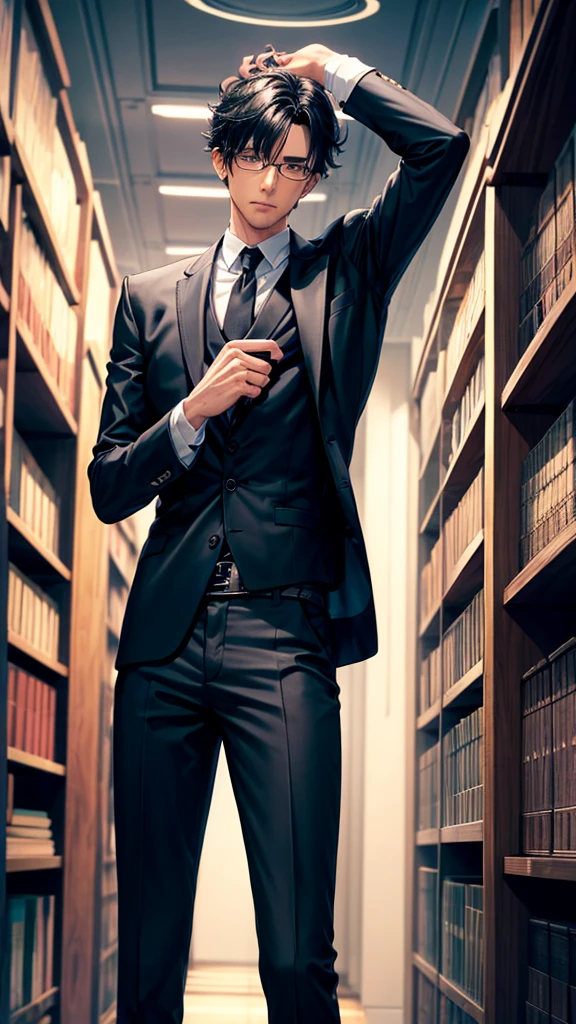 male, Black Hair, Glasses, Inside a huge library, Black suit, Touching the head with one hand, Looking down on,
