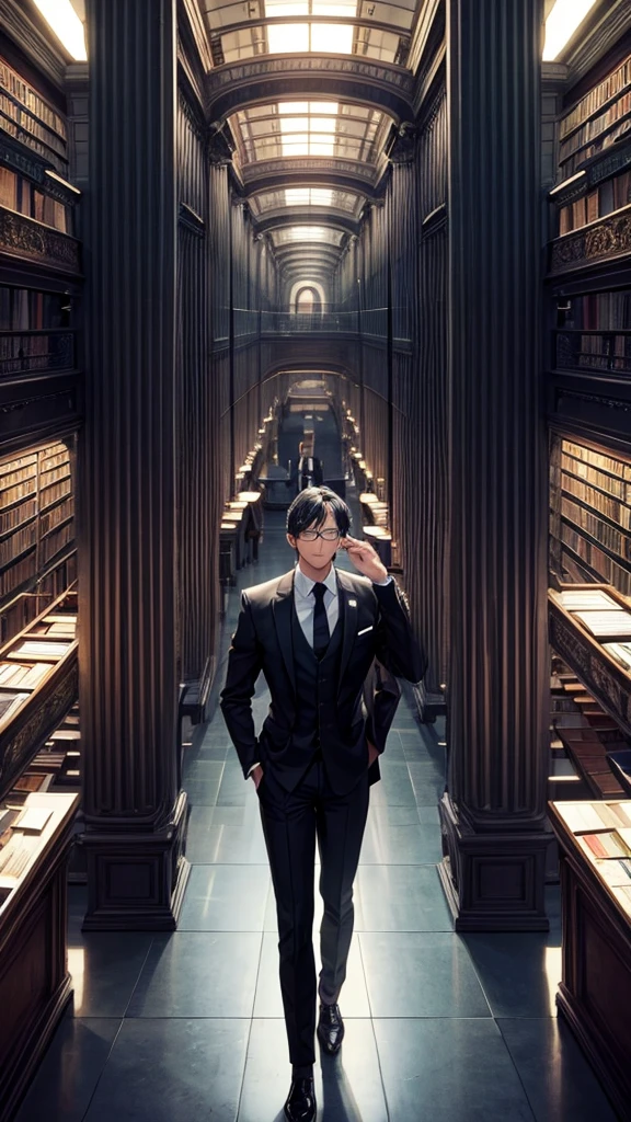 male, Black Hair, Glasses, Inside a huge library, Black suit, Touching the head with one hand, Looking down on,