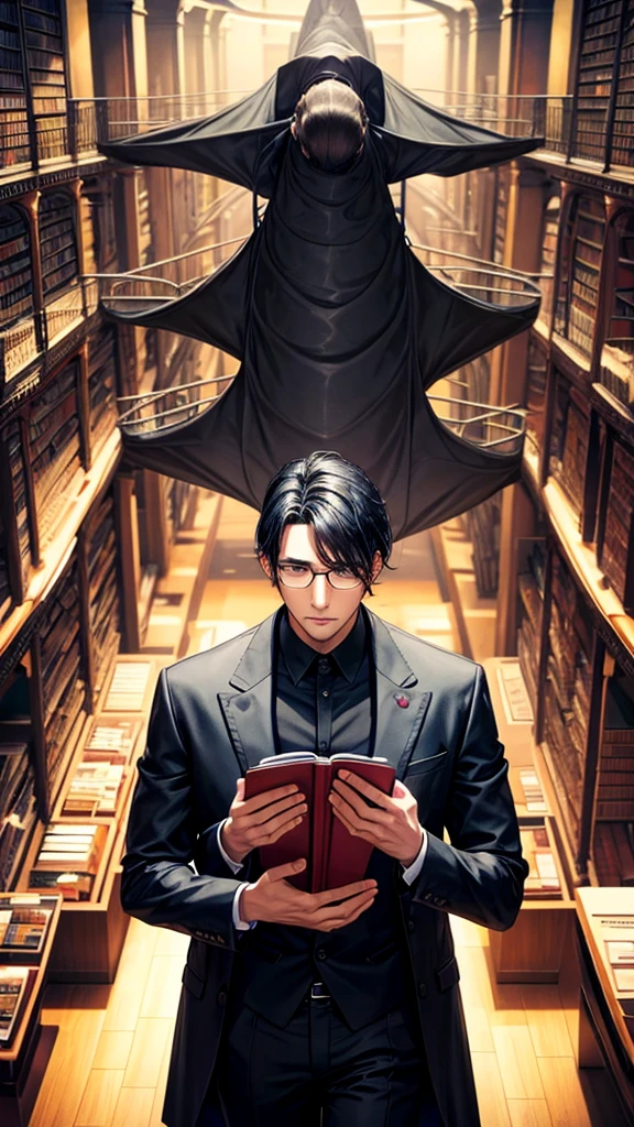 male, Black Hair, Glasses, Inside a huge library, Black suit, Touching the head with one hand, Looking down on,