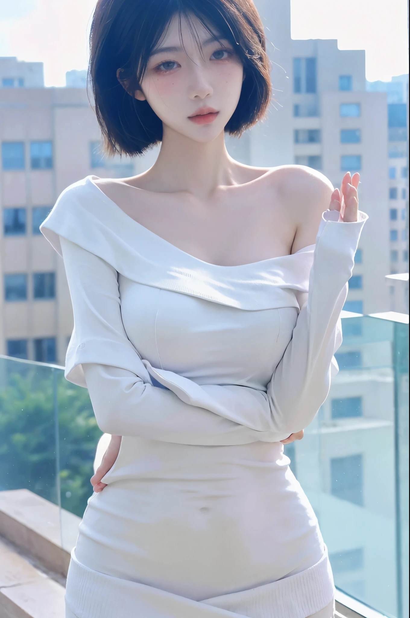 Beautiful woman with perfect figure:1.4,snow,Touching butt with both hands,snow背景,Layered Hairstyle,White skin,Prominent cleavage,Pleated Skirt,whole body,Very delicate face and skin texture,Double eyelids,Skin Whitening,Long white hair