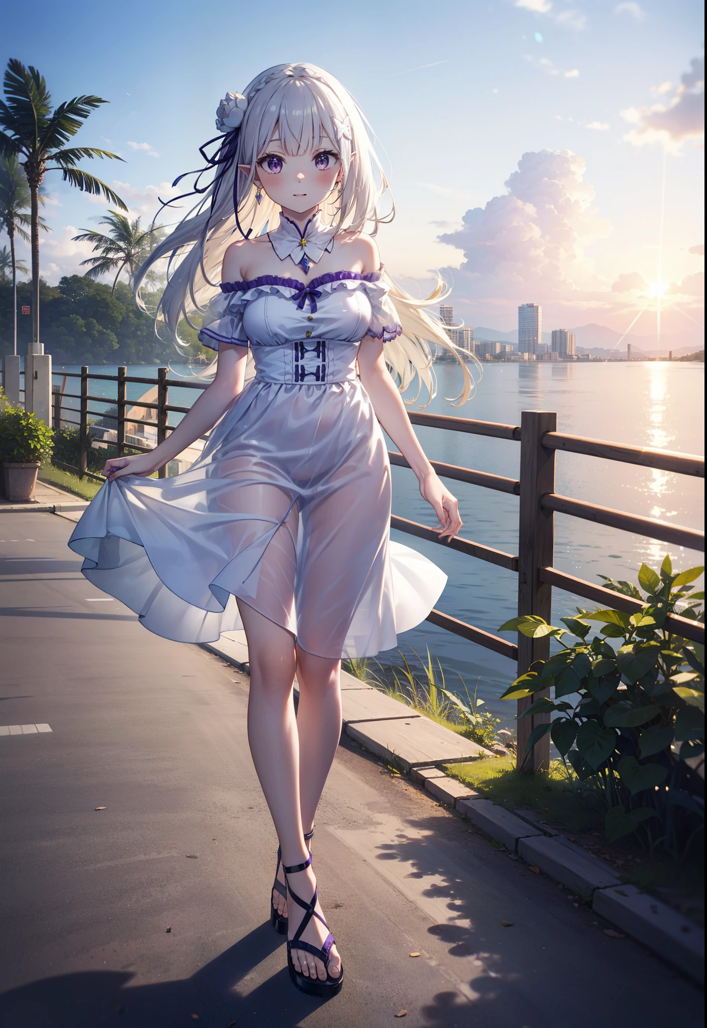 rezeroEmilia, Emilia, Braiding, crown Braiding, flower, hair flower, hair ornaments, Hair Ribbon, Long Hair, low-tied Long Hair, (Purple eyes:1.2), Pointed Ears, white flower, x hair ornaments, Open your mouth,smile,blush,Off-the-shoulder dress,Short sleeve,Long skirt,Heeled Sandals,Walking,Daytime,Clear skies,True Summer,Palm tree,whole bodyがイラストに入るように,
break outdoors, tropical,In town,Coastal Road,
break looking at viewer, whole body,
break (masterpiece:1.2), Highest quality, High resolution, unity 8k wallpaper, (figure:0.8), (Beautiful attention to detail:1.6), Highly detailed face, Perfect lighting, Highly detailed CG, (Perfect hands, Perfect Anatomy),