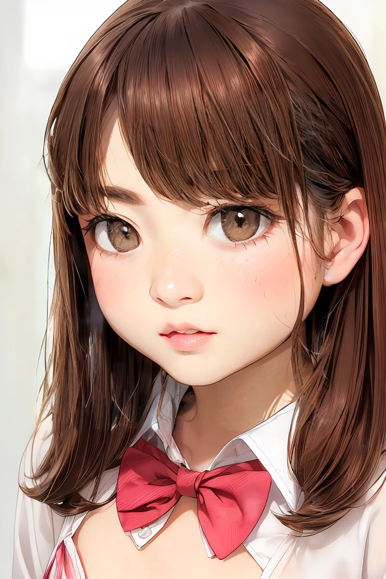 (8K high resolution), (Highest quality), (RAW quality),(Tabletop:1.2), (Realistic), (Realistic:1.37), ,Big eyes,Long eyelashes,1 girl, single, alone, pretty girl、Upper body photo、((Beautiful eyelashes, Realistic eyes)), ((Detailed face, blush:1.3)), ((Smooth texture:0.75, Realisticな質感:0.65, Realistic:1.1,)), Small breasts, Dynamic Angle, Perfect body, ((Red bow tie, , , White open shirt:1.5)), ((Average appearance:1.5))，((Upper body photo:1.5))、(Small breasts:1.5)，(Skinny girl:1.6)，( Face:1.3)，(Young Face:1.8)，(very young body:1.5)，(chest exposed through open shirt:1.6)，(Nearly naked:1.6)，(sexual expression:1.6)，(your breasts are fully visible...:1.5)，(Young pink nipples visible:1.5)，((Gal-like brown hair:1.5))、(Oily, Glowing Skin:1.5)，(13-yr-ouniorol student:1.6)，our chin:1.5)，