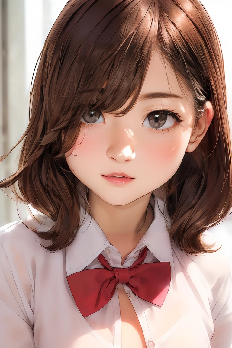 (8K high resolution), (Highest quality), (RAW quality),(Tabletop:1.2), (Realistic), (Realistic:1.37), ,Big eyes,Long eyelashes,1 girl, single, alone, pretty girl、Upper body photo、((Beautiful eyelashes, Realistic eyes)), ((Detailed face, blush:1.3)), ((Smooth texture:0.75, Realisticな質感:0.65, Realistic:1.1,)), Small breasts, Dynamic Angle, Perfect body, ((Red bow tie, , , White open shirt:1.5)), ((Average appearance:1.5))，((Upper body photo:1.5))、(Small breasts:1.5)，(Skinny girl:1.6)，( Face:1.3)，(Young Face:1.8)，(very young body:1.5)，(chest exposed through open shirt:1.6)，(Nearly naked:1.6)，(sexual expression:1.6)，(your breasts are fully visible...:1.5)，(Young pink nipples visible:1.5)，((Gal-like brown hair:1.5))、(Oily, Glowing Skin:1.5)，(13-yr-ouniorol student:1.6)，our chin:1.5)，