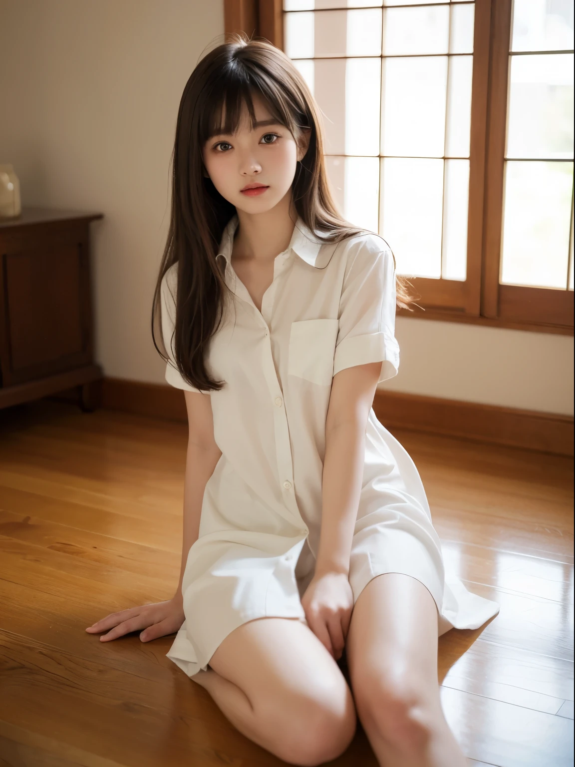 (8k, Top quality, Masterpiece:1.2), (Realistic, photo-realistic:1.37), Super detailed, perfect anatomy, cute, small eyes, dress-shirt in naked, 18 years old, Japanese girl, indoor, bangs,