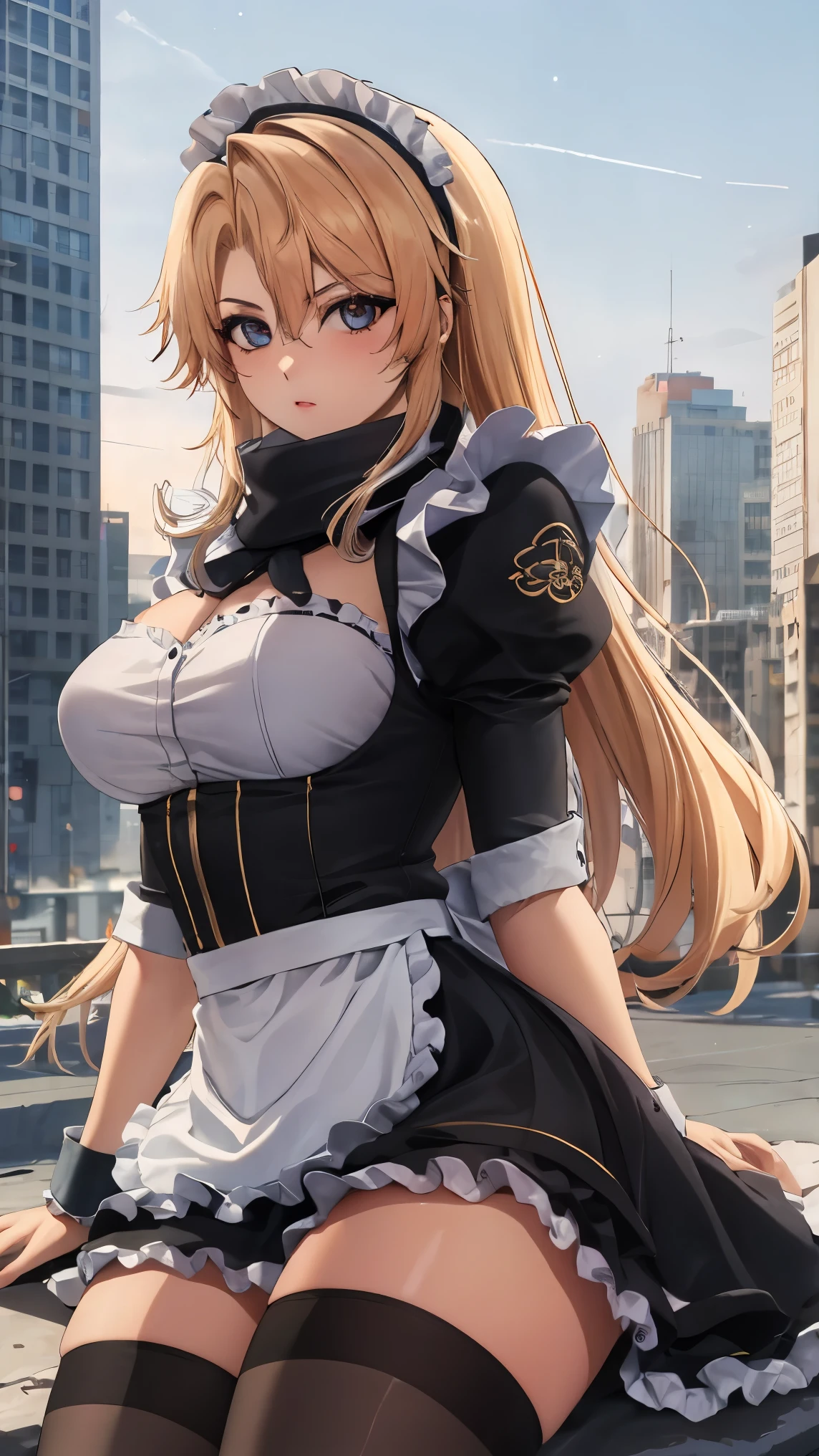 1girl, satella, serious, blonde hair, long hair,
BREAK (maid headdress, maid, frills, black dress, short sleeves, puffy sleeves, wrist cuffs, maid apron, white apron, white thighhighs:1.2)
BREAK ((tall buildings, city, winter, scarf)),
BREAK ((anime girl)), best quality, expressive eyes, perfect face, (masterpiece), best quality, expressive eyes, perfect face, ((best quality)), ((ultra-detailed)), ((an extremely delicate and beautiful)), perfect eyes, perfect body, ((details pupils)), ((detailed pupils)), ((synmetry eyes)), beautiful eyes, ((thick thighs)), shiny skin, soft skin, ((synmetry body)), ((perfect body)),perfect hands, perfect anatomy),