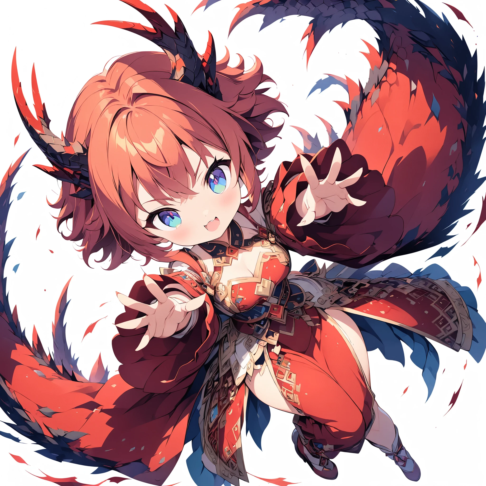Little, (masterpiece:1.2), (Highest quality:1.2), Ultra-high resolution, Very detailed, Perfect lighting, Dragon girl, Redhead, National costume, Otherworldly fantasy, cute, Dynamic Angle, Dynamic pose, Reach out,Accurate Fingers,White background,Digital anime art,Anime style illustrations,Anime illustration