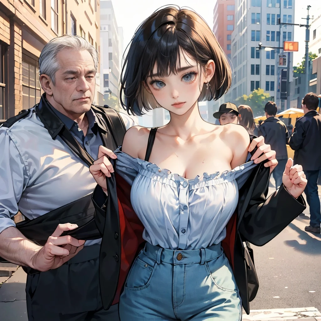 No sleeve,Sweaty,A perfect smile, (Perfect Anatomy, Anatomically correct, Highly detailed skin), Cute and symmetrical face, Perfect Face, Perfect Eyes, Perfect Fingers, Five Fingers, ((Hairstyle,Inner Color,money,Bobcut))take off your clothes,Street Corner,Dark Night,((Shoulder bag,Please wear it diagonally over your shoulder....)),Clothes are open,((Large Breasts)),mini skirt,Sexy Breasts,(((Surrounded by dirty old men,I was grabbed by the shoulder,Clothes are pulled)))((Frightened expression,Disgust,)),Dirty back alley