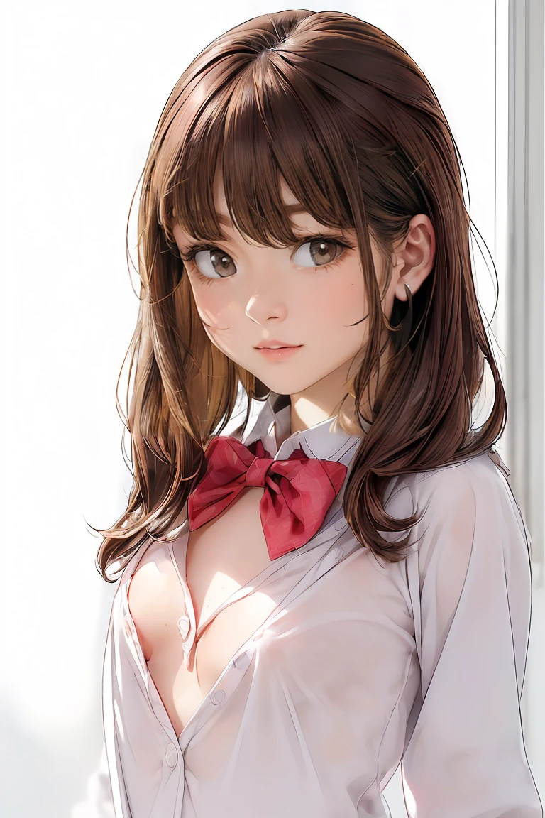 (8K high resolution), (Highest quality), (RAW quality),(Tabletop:1.2), (Realistic), (Realistic:1.37), ,Big eyes,Long eyelashes,1 girl, single, alone, pretty girl、Upper body photo、((Beautiful eyelashes, Realistic eyes)), ((Detailed face, blush:1.3)), ((Smooth texture:0.75, Realisticな質感:0.65, Realistic:1.1,)), Small breasts, Dynamic Angle, Perfect body, ((Red bow tie, , , White open shirt:1.5)), ((Average appearance:1.5)),((Upper body photo:1.5))、(Small breasts:1.5),(Skinny girl:1.6),(Baby Face:1.ung Face:1.8),(very young body:1.5),(chest exposed through open shirt:1.6),(Nearly naked:1.6),(sexual expression:1.6),(yoasts are fully visible...:1.5),(Young piples visible:1.5),((Gal-like brown hair:1.5))、(Oily, Glowing Skin:1.5),(13-year-old junior high school student:1.6),(please lift your chin:1.5),