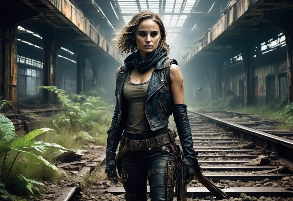 Create a distant and diagonal position and faithful full body image of sad Natalie Portman, brava, dirty and bruised face, eyes with black makeup, detailed and realistic skin, large and sensual neckline, long hair spread, she waves with one hand, with torn and dirty clothes madmax style 18 year old wearing a large and dirty backpack on her back and leaning against the wall of an abandoned train station closed and dark with closed ceiling dirty in ultra futuristic post-apocalyptic ruins, there are abandoned tall buildings on the horizon, wet ground from rain, there is vegetation growing in the corners of the walls in the basement station, flashlight only, penumbra, there is debris lying on the train tracks, trem steampunk, dramatic art, dieselpunk art style, apocalyptic road warrior vibe, surreal digital art, mad max inspired, heavy metallic artwork, chrome grille symmetry, arte steampunk digital, It's not the Mad Max style, metallic art, is not Filip Hodas; artwork style, steampunk digital art, dieselpunk, in a hightech world, photo on the diagonal, high qualiy, 8k, extremely detaild, as realistic as possible, the highest possible quality.