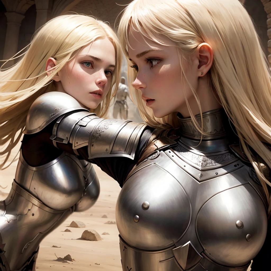 Blond girls white  Womans. Armor   Womans fight sword in african 