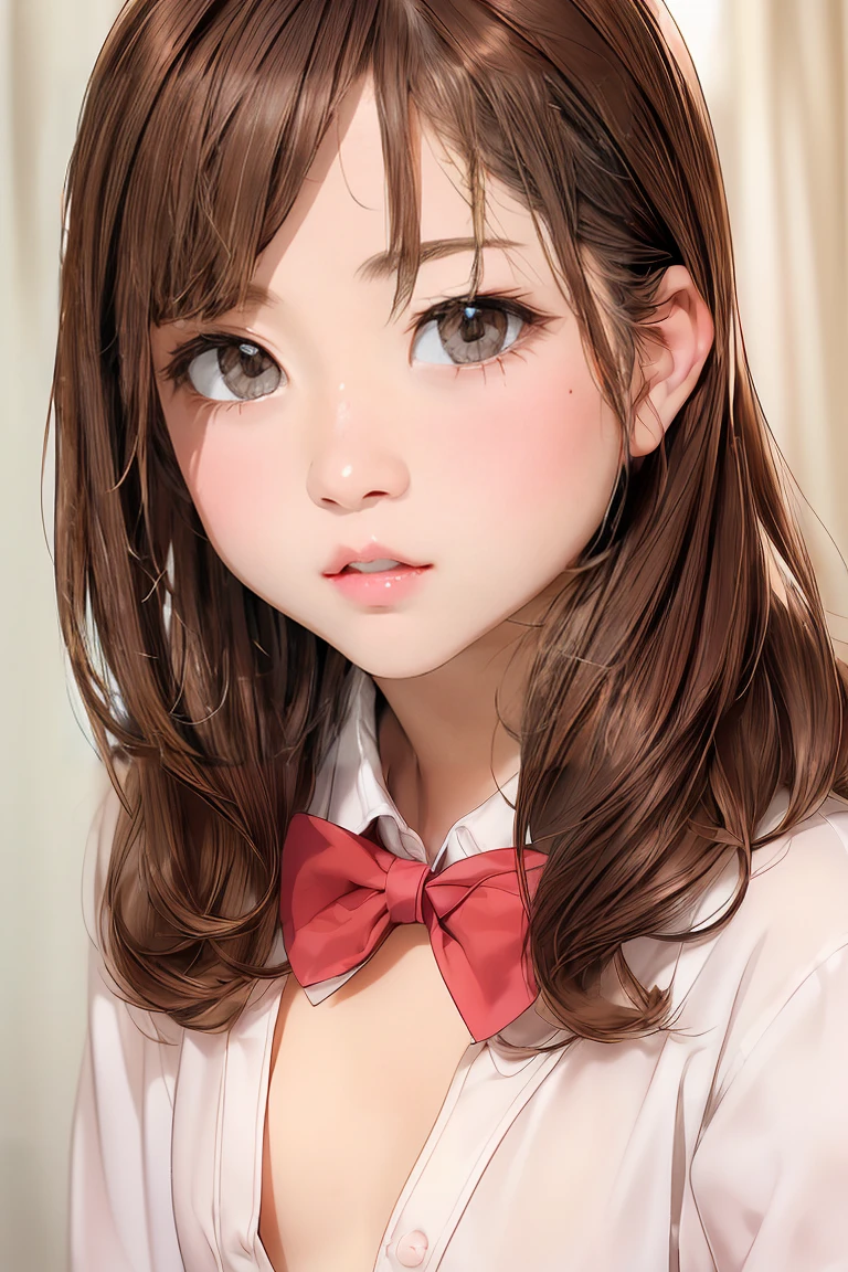 (8K high resolution), (Highest quality), (RAW quality),(Tabletop:1.2), (Realistic), (Realistic:1.37), ,Big eyes,Long eyelashes,1 girl, single, alone, pretty girl、Upper body photo、((Beautiful eyelashes, Realistic eyes)), ((Detailed face, blush:1.3)), ((Smooth texture:0.75, Realisticな質感:0.65, Realistic:1.1,)), Small breasts, Dynamic Angle, Perfect body, ((Red bow tie, , , White open shirt:1.5)), ((Average appearance:1.5))，((Upper body photo:1.5))、(Small breasts:1.5)，(Skinny girl:1.6)，(Baby Face:1.3)，(Young Face:1.8)，(very young body:1.5)，(chest exposed through open shirt:1.6)，(Nearly naked:1.6)，(sexual expression:1.6)，(your breasts are fully visible...:1.5)，(Young pink nipples visible:1.5)，((Gal-like brown hair:1.5))、(Oily, Glowing Skin:1.5)，(13-year-old junior high school student:1.6)，(please lift your chin:1.5)，