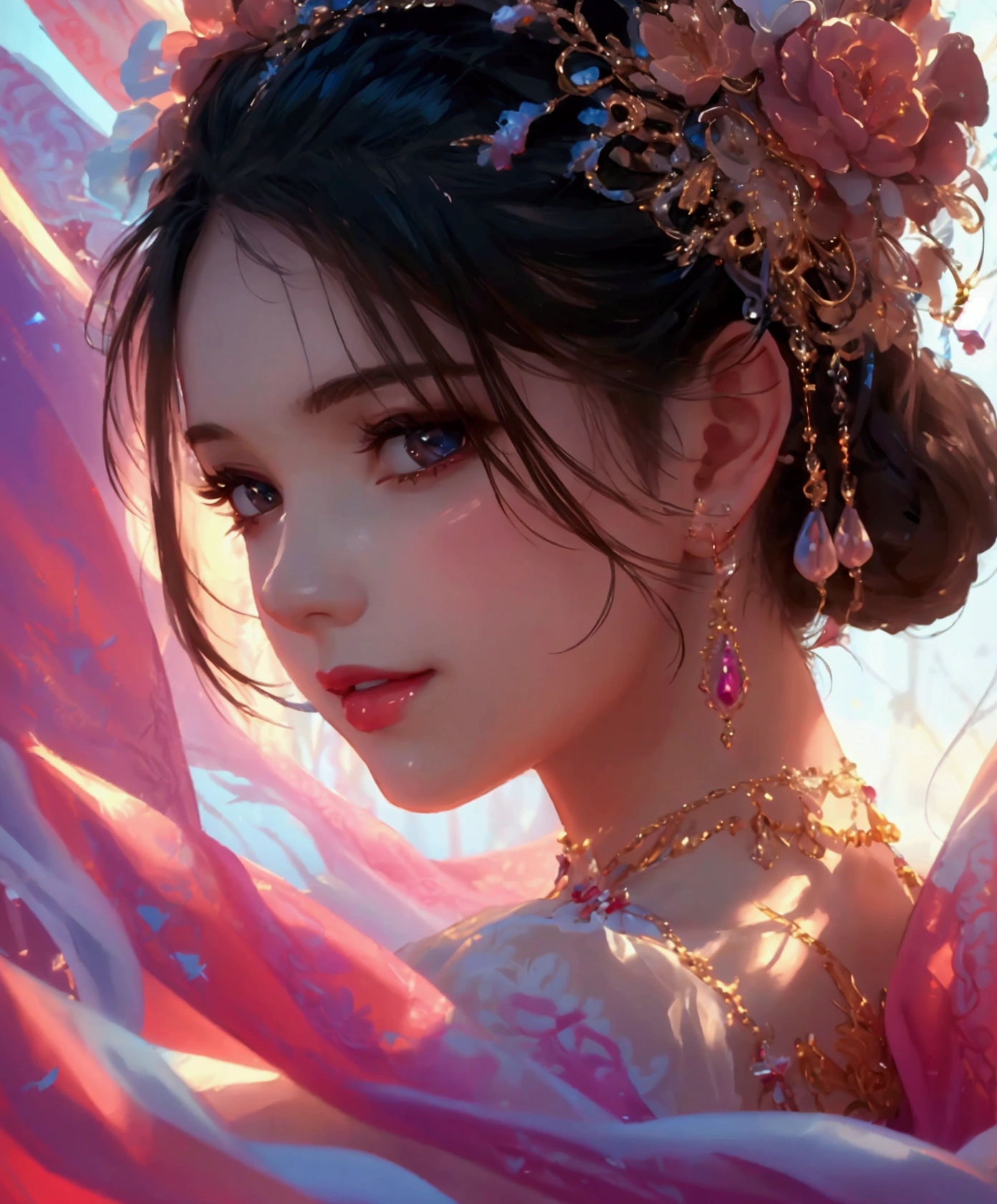 Best quality, masterpiece, high resolution, 1girl, clear silk porcelain dress, beautiful face, hair accessories, looking at the audience, smiling, close your mouth, lips, dress, hair accessories, necklaces, jewelry, long hair, earrings, beautiful face, on the body, Tindal effect, realism, dark studio, edge lighting, two-tone lighting, (high detail skin: 1.2), 8k UHD, DSLR, soft light, high quality, volumetric lighting, photo, high resolution 4K, 8k, blurred background