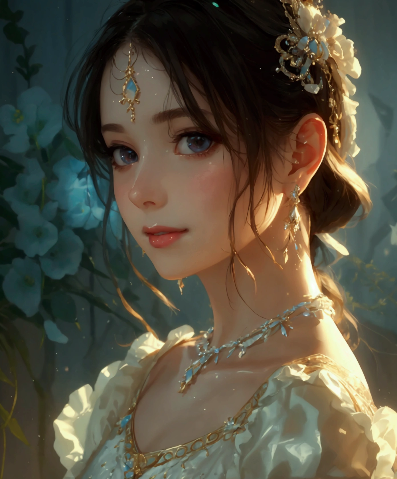 Best quality, masterpiece, high resolution, 1girl, clear silk porcelain dress, beautiful face, hair accessories, looking at the audience, smiling, close your mouth, lips, dress, hair accessories, necklaces, jewelry, long hair, earrings, beautiful face, on the body, Tindal effect, realism, dark studio, edge lighting, two-tone lighting, (high detail skin: 1.2), 8k UHD, DSLR, soft light, high quality, volumetric lighting, photo, high resolution 4K, 8k, blurred background