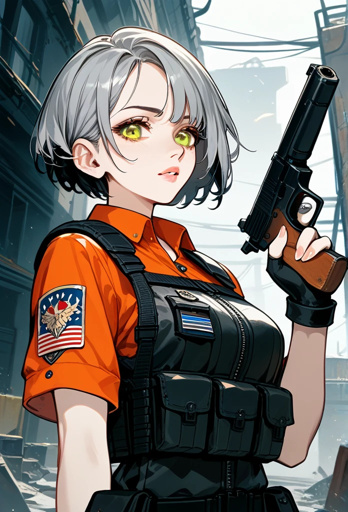 masterpiece, best quality, mature woman, short hair, (buzzcut hair), gray hair, evil eyes, amber eyes, glossy lips, mature face, sharp expression, operative clothing, bulletproof vest, tactical vest, fingerless gloves, holding pistol, abandoned building