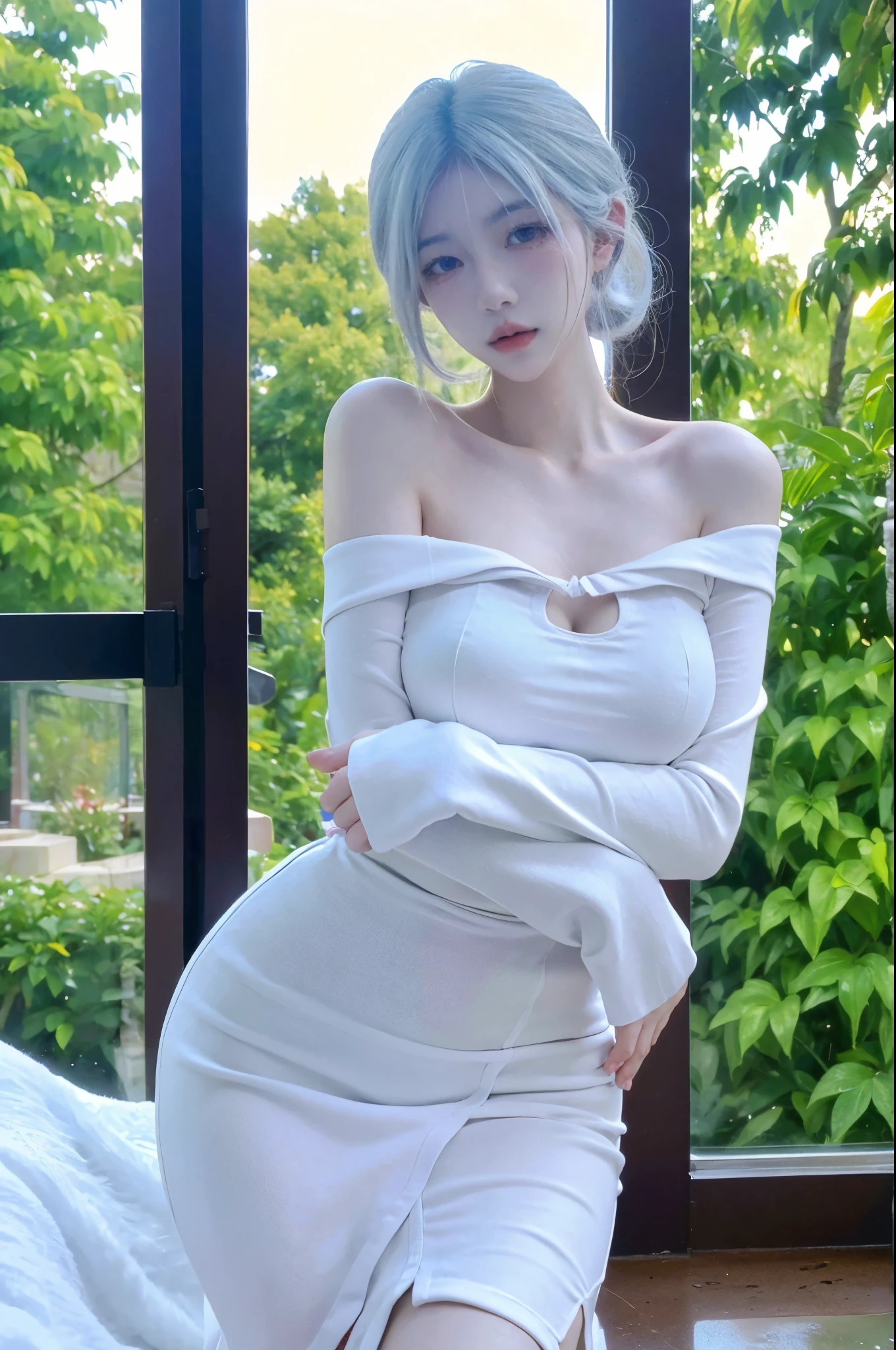 Beautiful woman with perfect figure:1.4,snow,Touching butt with both hands,snow背景,Layered Hairstyle,White skin,Prominent cleavage,Pleated Skirt,whole body,Very delicate face and skin texture,Double eyelids,Skin Whitening,Long white hair