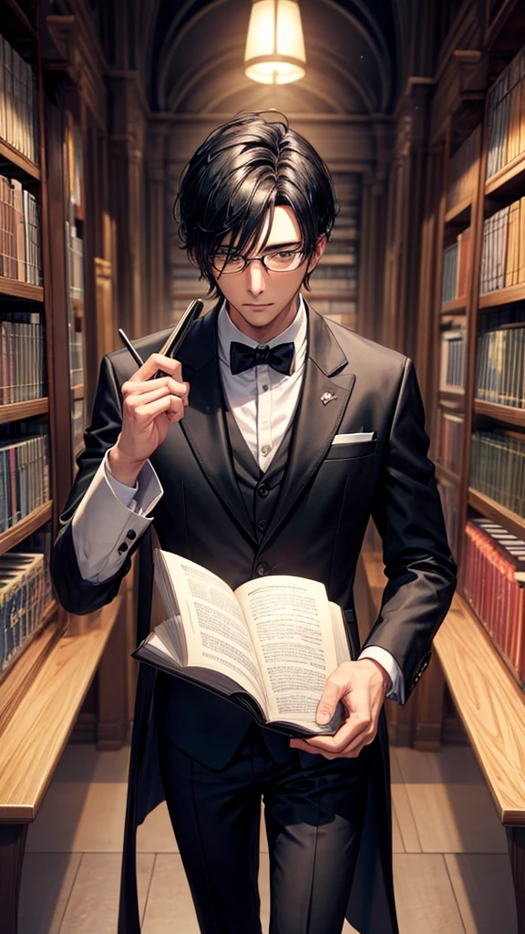 male, Black Hair, Glasses, Inside the library, Black suit, Looking down on,