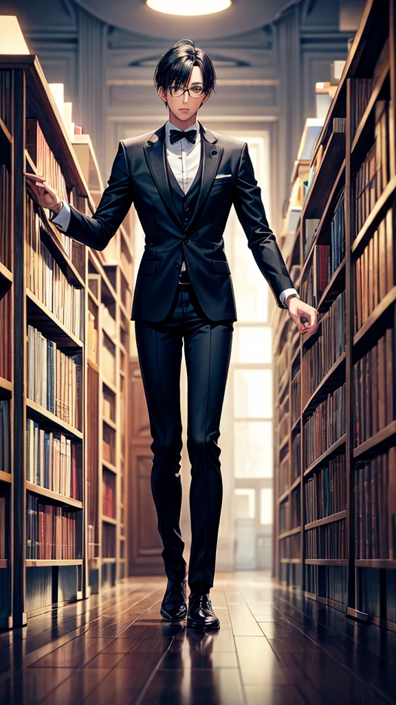 male, Black Hair, Glasses, Inside the library, Black suit, Looking down on,