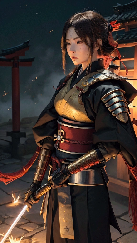 Highest quality、High resolution、Very detailed、Detailed Background、A beautiful 27-year-old woman、Warrior、dragon tattoo on arm、Japanese sword(Masamune Meiji)、(Blade length: 2 feet 4 inches、Handle length: 25 cm、This part is woven with red and black threads....、The swallow is golden)、Japanese sword、Sharp eyes、(enemy'Blood is flowing to my cheeks)(Takeda Shingen)、blonde、short hair、Realistic Face、Swing your sword down、Delicate eyes、Angry expression、Like a fight scene in a live-action movie、More realistic battle scenes、On the cheeks、enemyWarriorの返り血、(Burning castle in the background、Sparks fly、)(Japanese sword(The famous sword Muramasa 2.0)Hold with both hands、Sword Drawing Technique(Japanese sword、Muramasa Sword)、Warrior、