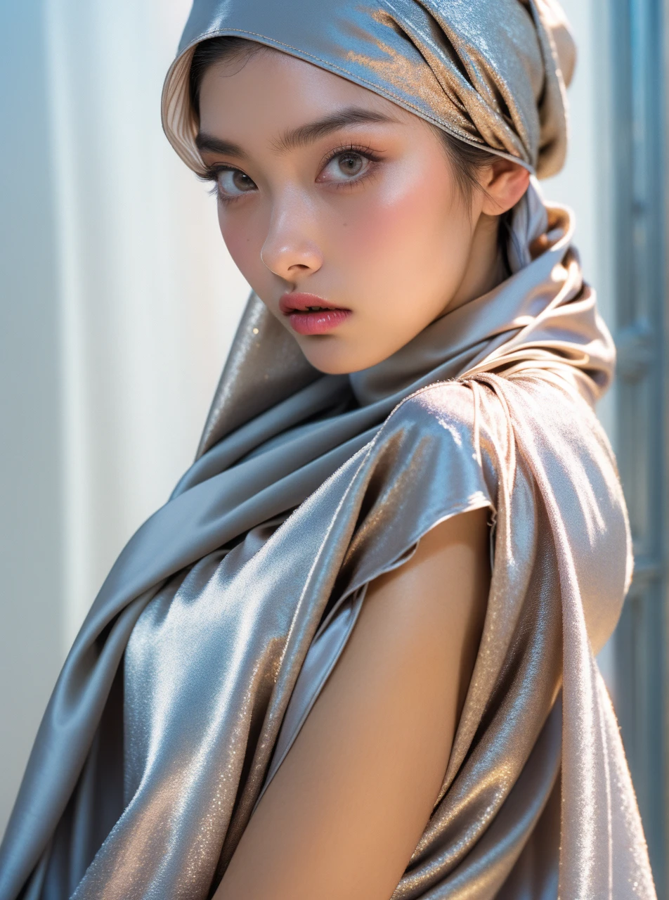Photo of 25 year old European girl, RAW, beautiful woman, ((gray satin headscarf), loosely tide hijab style), ((portrait)), (Detailed face: 1.2)), (Detailed facial features)), manga eyes, (Fine skin), pale skin, high detail ((brown satin shirt and satin long maxi skirt)), slim body, megacity environment, (cold color), wet, moist, reflection, (masterpiece) ( Perfect proportions) (realistic photos) (highest quality) (detail) shot with Canon EOS R5, 50mm lens, f/2.8, HDR, (8k) (wallpaper) (movie lighting) (dramatic lighting) (sharp focus) (complex) fashion