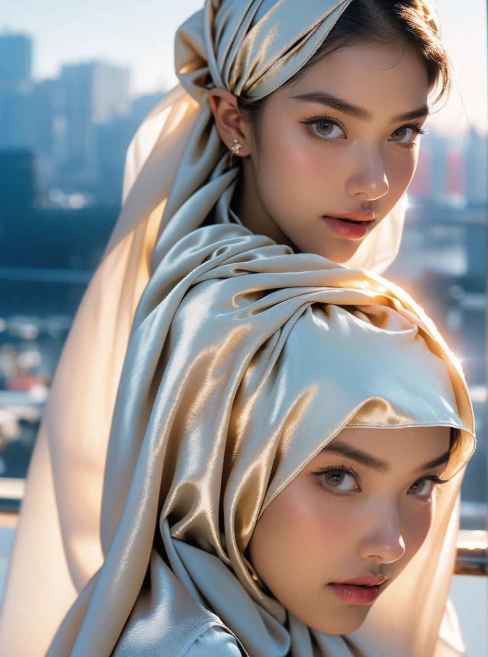 Photo of 25 year old European girl, RAW, beautiful woman, ((gray satin headscarf), loosely tide hijab style), ((portrait)), (Detailed face: 1.2)), (Detailed facial features)), manga eyes, (Fine skin), pale skin, high detail ((brown satin shirt and satin long maxi skirt)), slim body, megacity environment, (cold color), wet, moist, reflection, (masterpiece) ( Perfect proportions) (realistic photos) (highest quality) (detail) shot with Canon EOS R5, 50mm lens, f/2.8, HDR, (8k) (wallpaper) (movie lighting) (dramatic lighting) (sharp focus) (complex) fashion