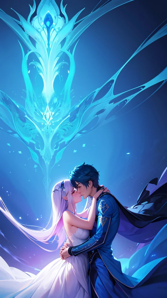 painting of a couple embracing in a blue light, emotional concept art, emotional picture, concept art of love, glowing blue, charlie bowater and artgeem, dark. no text, by Cyril Rolando, hugging, charlie bowater art style, with glowing blue lights, amazing wallpaper, by Matija Jama, by Aleksander Gine, jen bartel