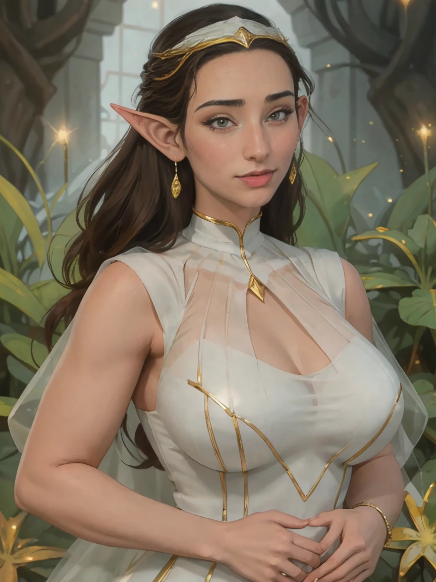 Extremely busty thin and toned brunette elf maiden, elegant woman, fair skin, loose updo, soft face, elf ears, athletic, (gigantic breasts), see-through white dress, high-neck, sleeveless, jewelry, bangles, gold accessories. detailed background, elvish garden, pavilion, elf city.