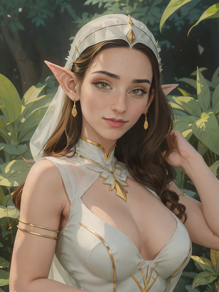 Extremely busty thin and toned brunette elf maiden, elegant woman, fair skin, loose updo, soft face, elf ears, athletic, (gigantic breasts), see-through white dress, high-neck, sleeveless, jewelry, bangles, gold accessories. detailed background, elvish garden, pavilion, elf city.