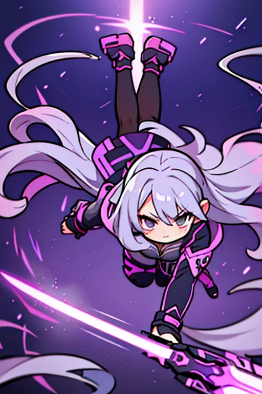Adult Anime Girl 2d Long Hair Loose light Purple-Grayish, Age Adulthood adult, super hero suit falling from the sky with evil face and big weapon 