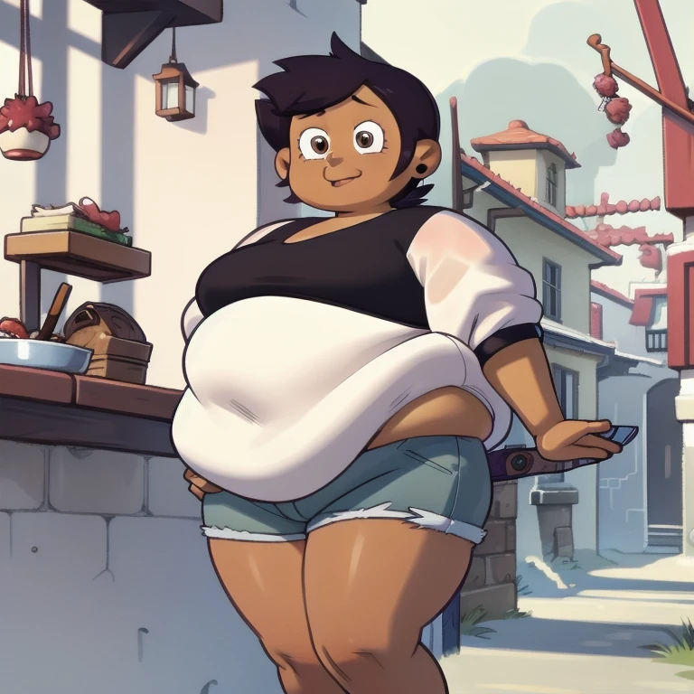 ((ultra detailed)), ((illustration,,)), beautiful, unbelievable, (((masterpiece)))), Noceda light, backgroundless, brown skin, short brown hair, purple hood, short jean shorts, brown eyes,real eyes, looking at the viewer, luminous clothing,