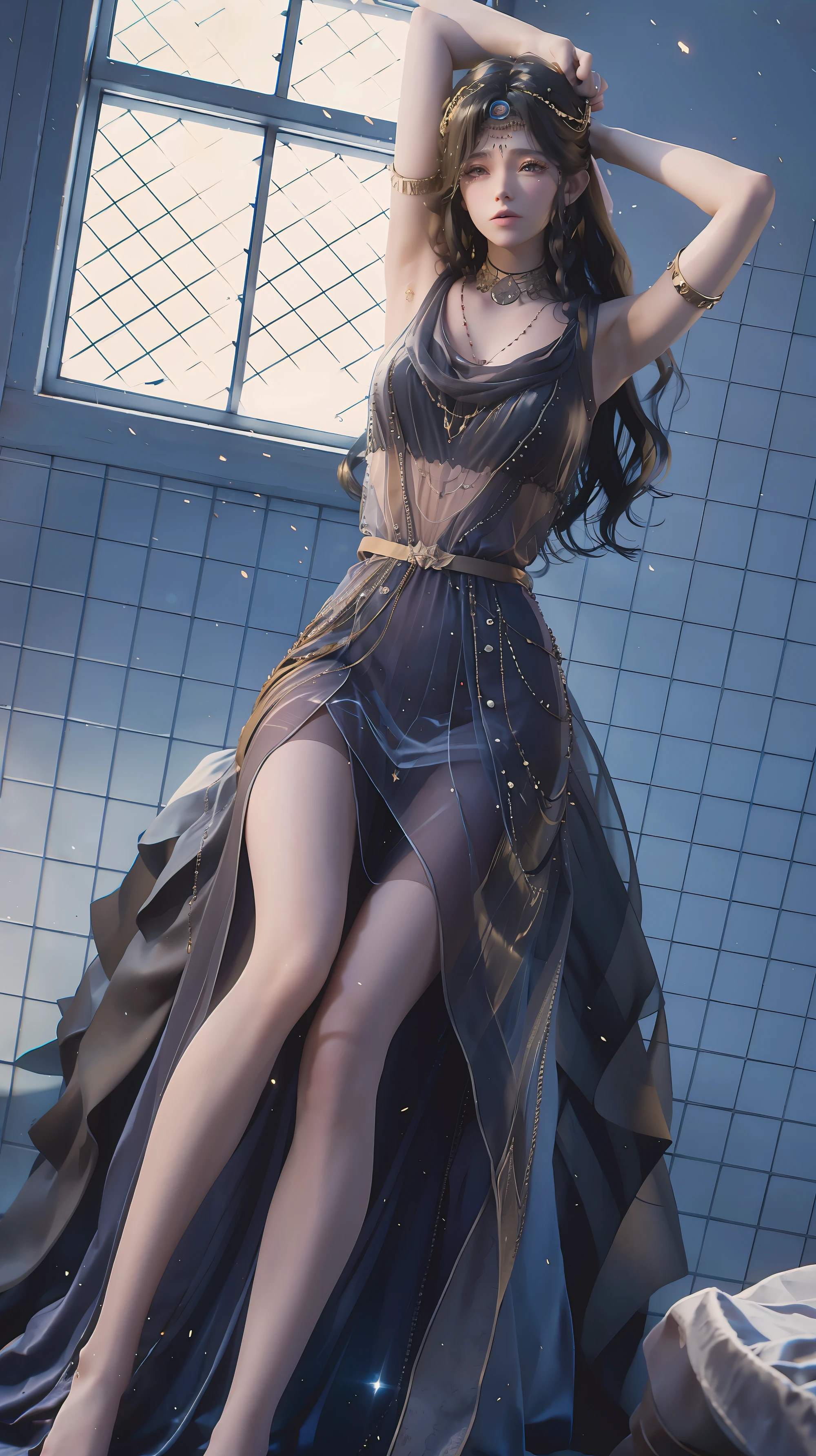 (((1 girl)),Ray tracing,[Detailed background (bedroom)),((Slim Girl))) Starry sky background,((((Girls wear dresses, With transparent stockings), Show off your exquisite figure and graceful curves, correct limbs, Sitting on the bed,Put your hands behind your head, Put your hands behind your head