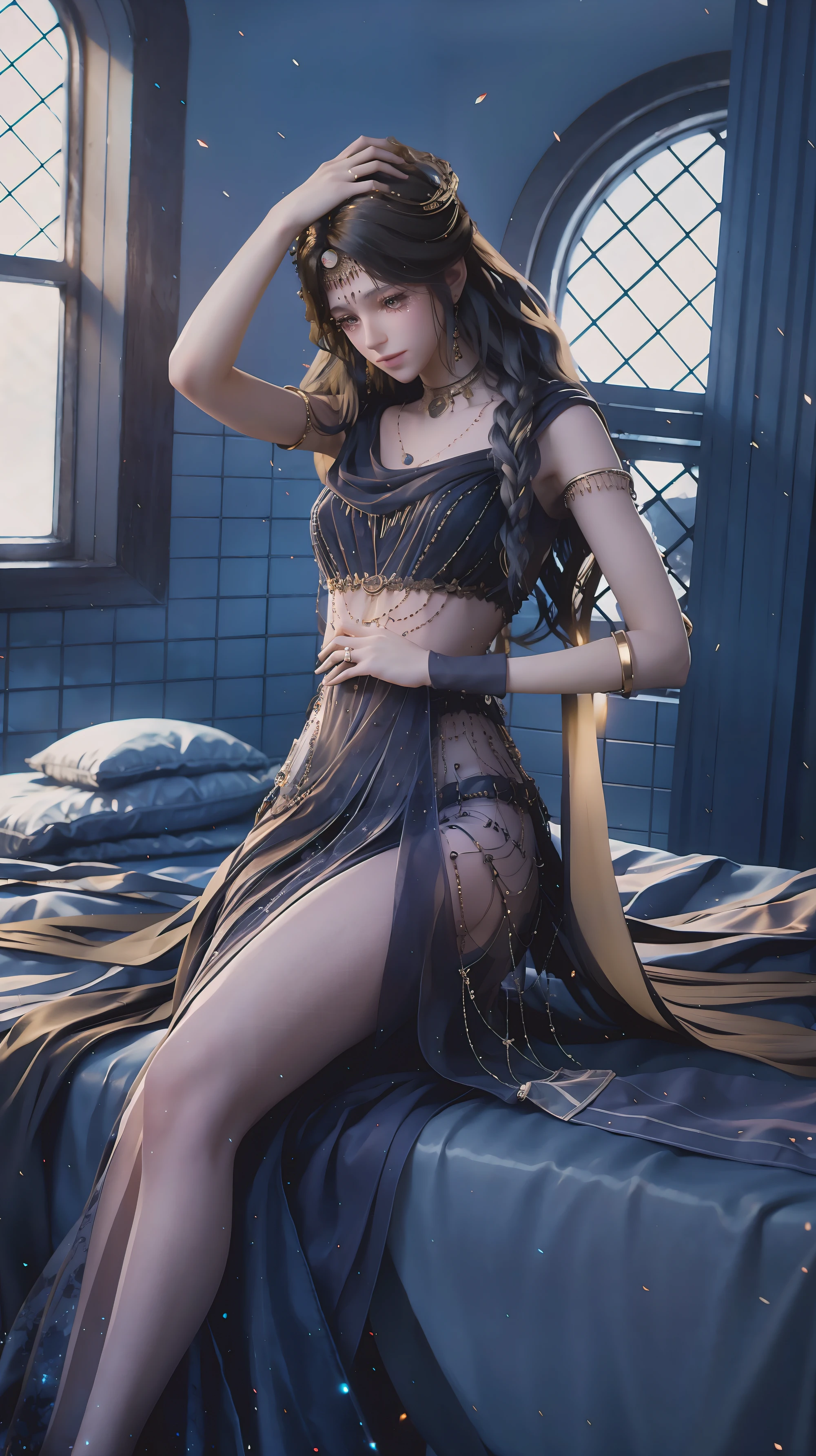 
(((1 girl)),Ray tracing,[Detailed background (bedroom)),((Slim Girl))) Starry sky background，((((Girls wear dresses, With transparent stockings), Show off your exquisite figure and graceful curves, correct limbs, Sitting on the bed，Put your hands behind your head, Put your hands behind your head