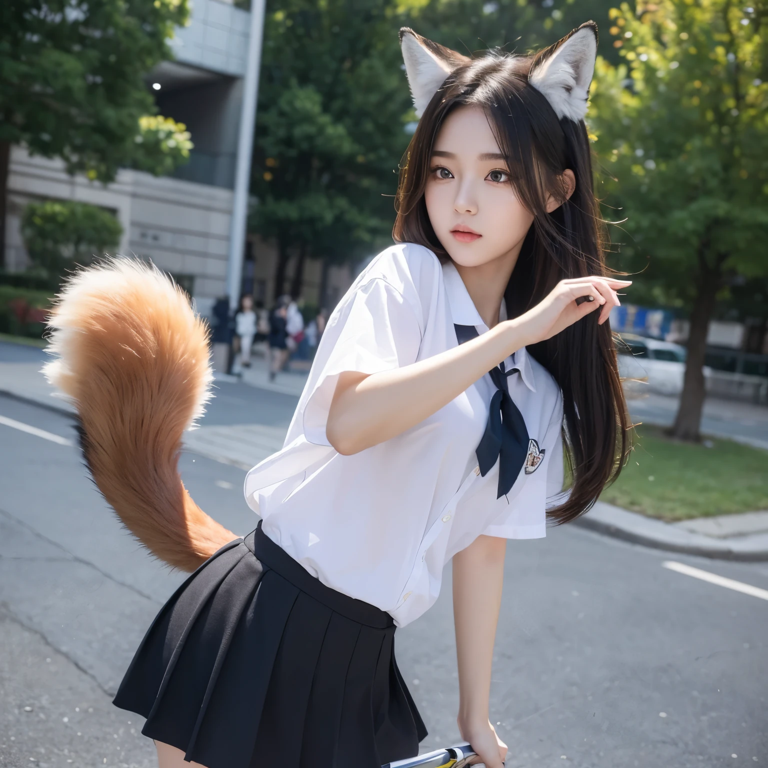 ((Highest quality)), ((masterpiece)), (Get used to it), Perfect Face, Fox Girl, Beautiful woman, public, Female college student, uniform, Inner skirt tail, She hides her fox tail with her skirt, Her skirt is flipped up and her tail is visible, She has a bushy tail, Troubled face