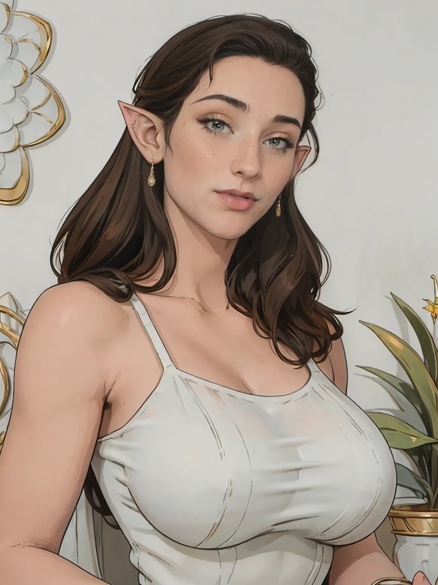 Extremely busty thin and toned brunette elf maiden, elegant woman, fair skin, loose updo, soft face, elf ears, athletic, (gigantic breasts), see-through white dress, high-neck, sleeveless, jewelry, bangles, gold accessories. detailed background, elvish garden, pavilion, elf city.