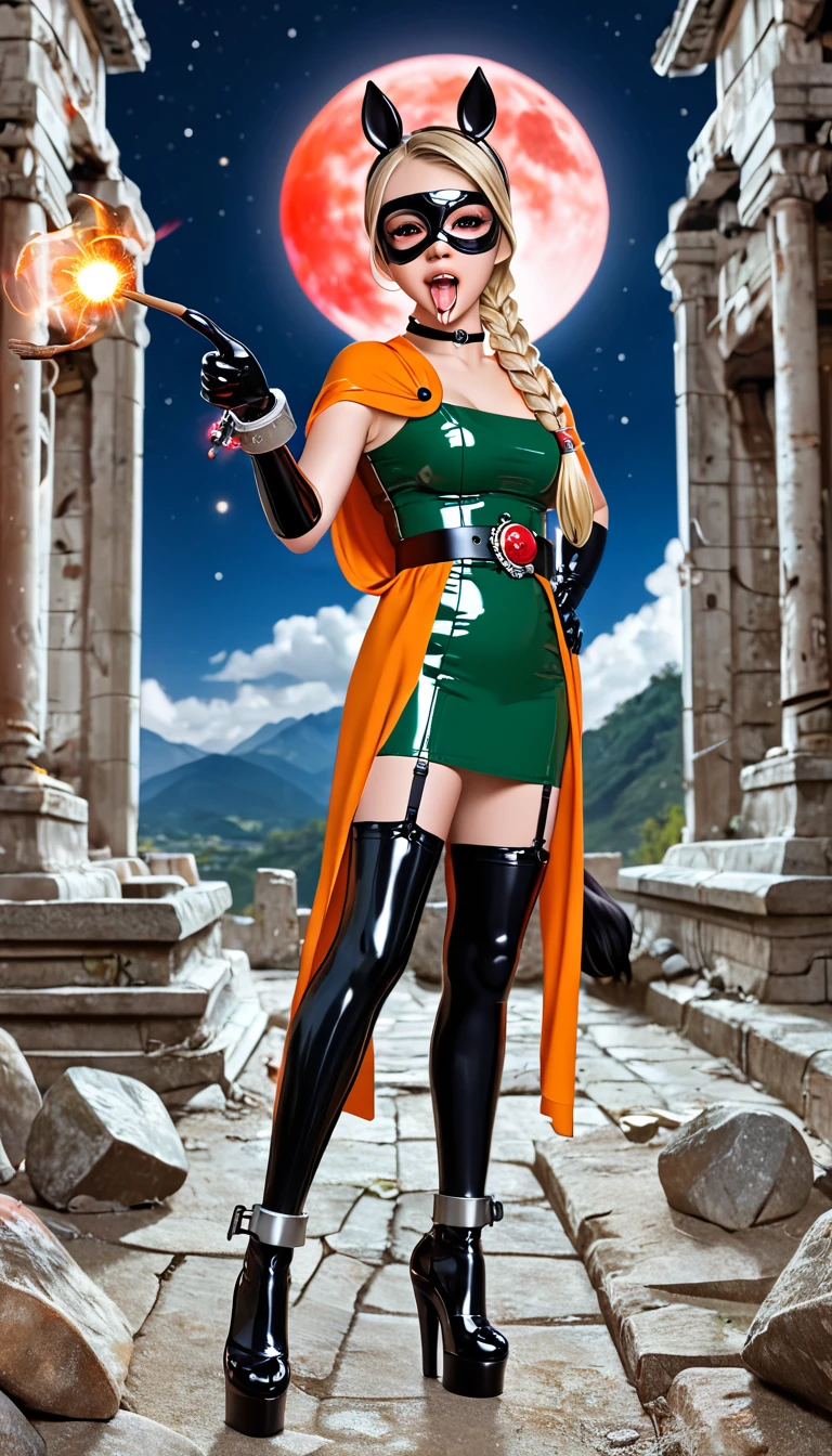 (High quality, masterpieces), One Japanese young woman blindfolded with a rubber eye mask, an illustration of a large realistic eye printed in center of the eye mask, magic fireball floating at the tip of her hand pointing upwards vertically, Blonde braid hair with horse ears, Beautiful face, Open her mouth wide, Stick out her tongue, Drooling, Orange short cape, Green mini dress made of shinny latex, Wide belt with horseshoes shaped buckle, Attach a horse tail on her hip, black wedge heels, Black long gloves with the shackles, Black leather choker, Black fishnet Stockings, Garter belt, Ancient ruins on a mountaintop, Midnight with red Moon