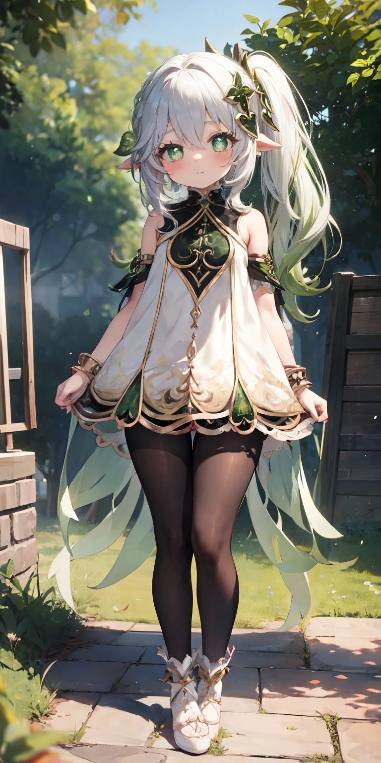 Thick thighs,Nahida,, , ,, flat chest, fullbody, head to toe  capture on the frame,pantyhose, toes, thick thighs, bend over,standing, outdoor, cute girl, cute 