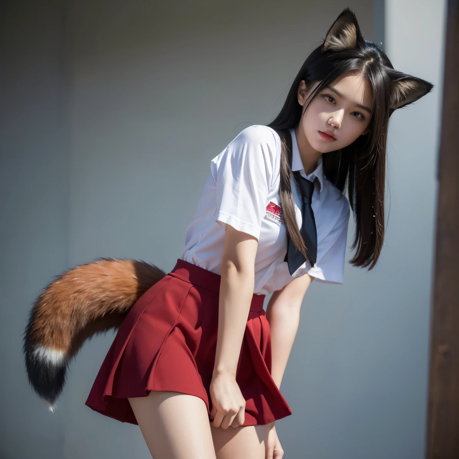 ((Highest quality)), ((masterpiece)), (Get used to it), Perfect Face, Fox Girl, Beautiful woman, public, Female college student, uniform, Inner skirt tail, She hides her fox tail with her skirt, Her skirt is flipped up and her tail is visible, She has a bushy tail, Troubled face