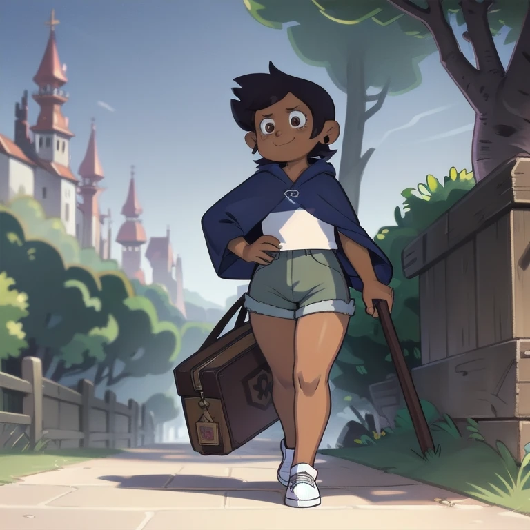 ((ultra detailed)), ((illustration,,)), beautiful, unbelievable, (((masterpiece)))), Noceda light, backgroundless, brown skin, short brown hair, purple hood, short jean shorts, brown eyes,real eyes, looking at the viewer, luminous clothing,