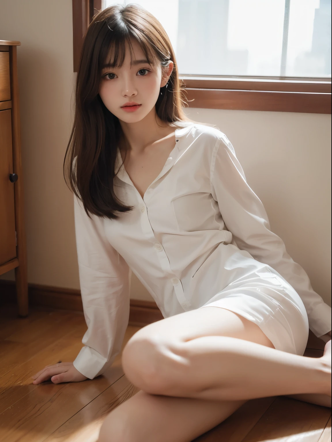 (8k, Top quality, Masterpiece:1.2), (Realistic, photo-realistic:1.37), Super detailed, perfect anatomy, cute, small eyes, dress-shirt in naked, 18 years old, Japanese girl, indoor, bangs,