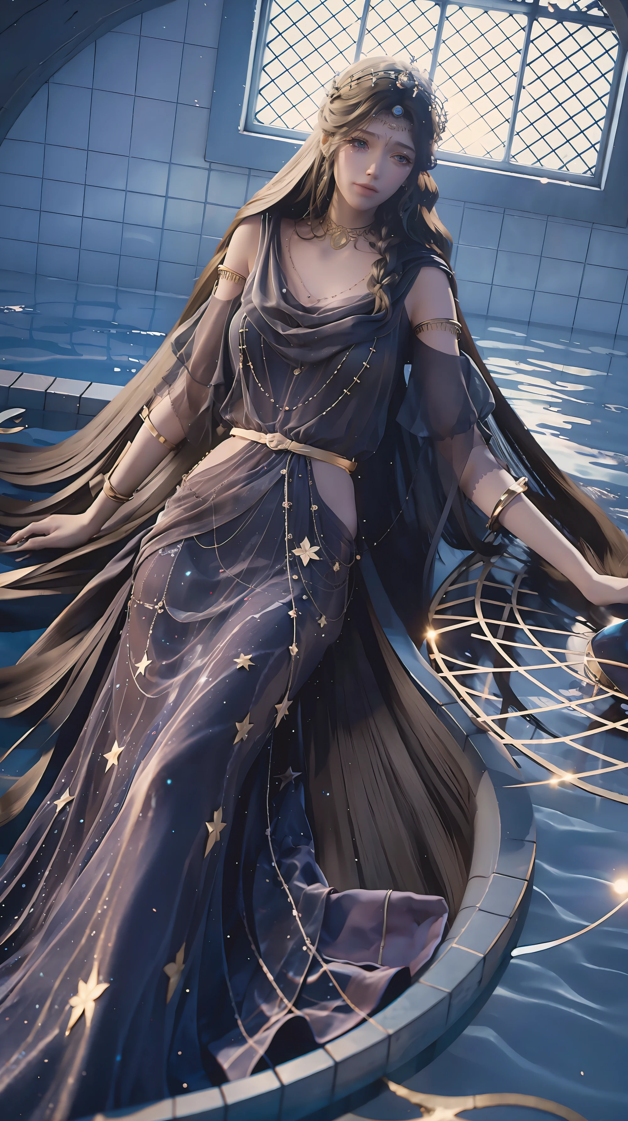 A girl lying on the bed under the stars, delicate smile, beautiful delicate eyes, beautiful delicate lips, extremely delicate face and eyes, long eyelashes, sexy body, flowing hair, best picture quality, famous works, ultra high resolution, (realistic :1.4), RAW photos, (Beautiful face :1.2), (Lying on the water :1.5), 1 girl, (Surreal), (8K), (4K), physical rendering, starry sky, ((full body shot)), barefoot, cross-legged, wearing a dress, long skirt