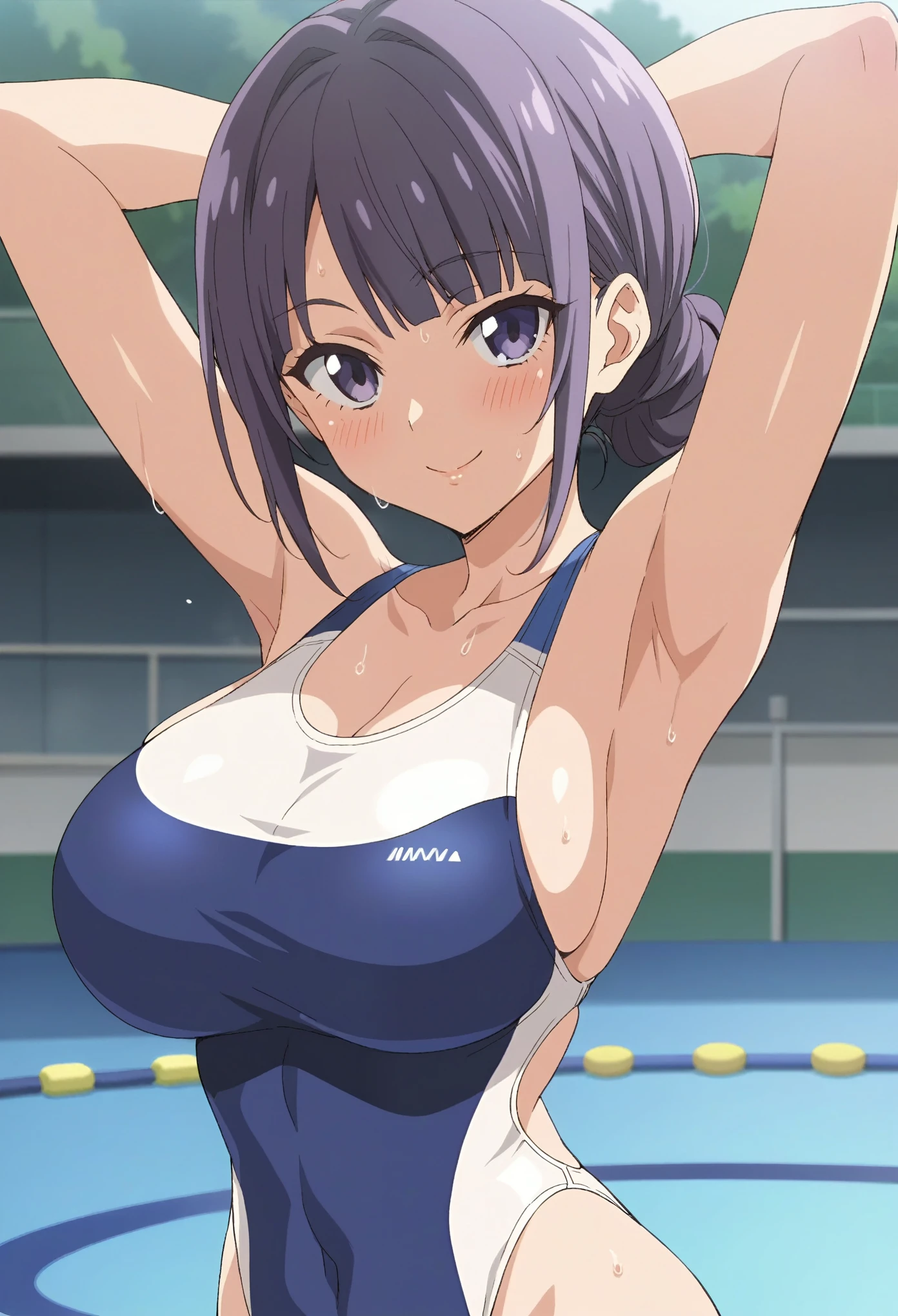 score_9, score_8_up, score_7_up, source_anime, official art, anime screencap, megami magazine, BREAK 1girl, large breasts, narrow waist, Amanogawa Kirara, upper body, competition swimsuit, seductive smile, blush, closed mouth, armpits, sweat, pose